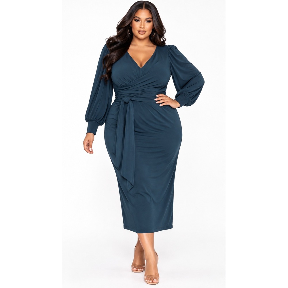 Eloquii Blue Cross Front Midi Dress Long Sleeve Wrap Tie Waist 20W NWT